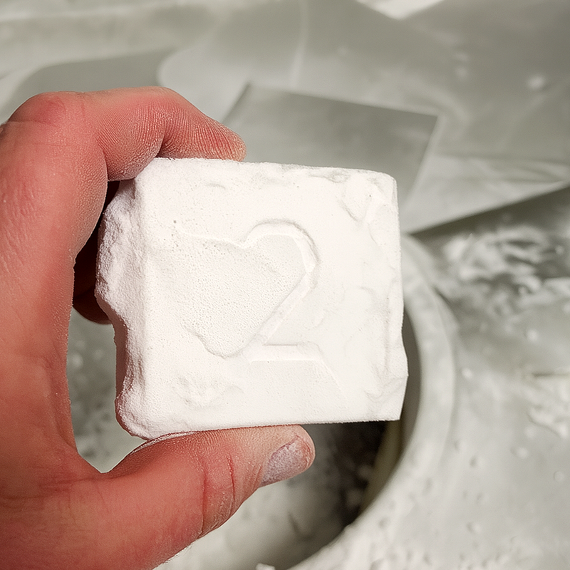 Hand holding SLS nylon part covered in unsintered powder before manual cleaning step