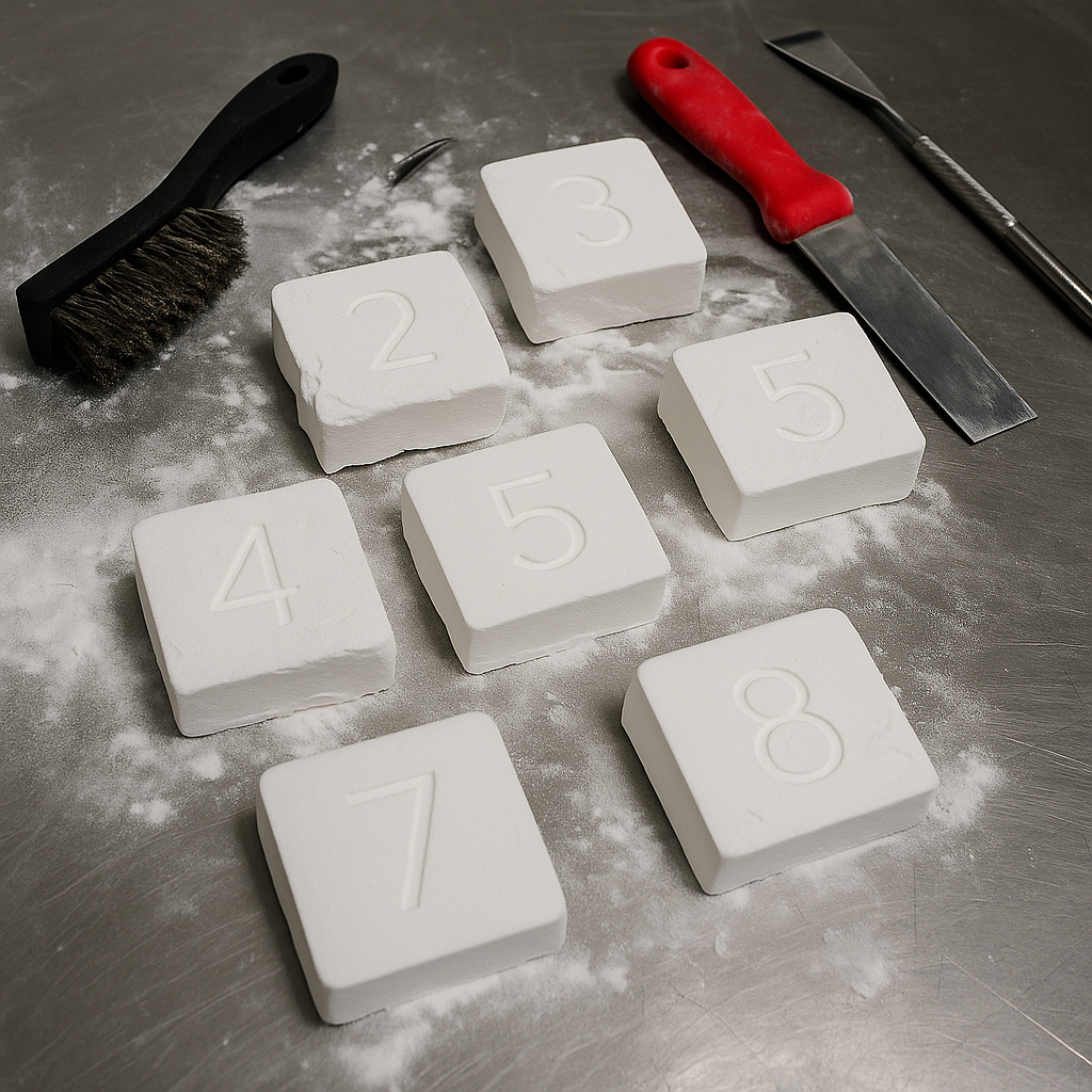 Unfinished SLS 3D printed parts on stainless breakout table with powder and cleaning tools