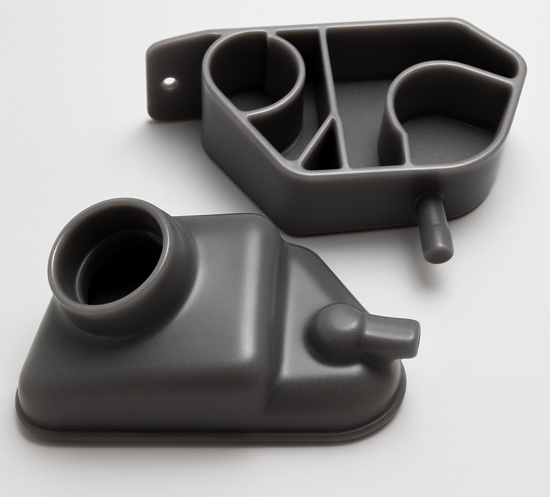 Pair of SLS PA12 nylon covers after vapor smoothing showing sealed semigloss surface finish